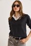 Women's Dark Anthracite Shirt Collar Detail Brioche Knit Blouse BLZ-19002777 - 6