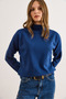 Women's Cobalt Blue Mock Neck Corded Fabric Thessaloniki Blouse Blz-19003137 - 5