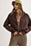 Women's Bitter Brown Hidden Pocket Stitching Detailed Fleece-Lined Oversized Sweatshirt Swt-19000767