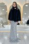 Women's Mock Neck Stone Detailed Evening Dress Fur Black, White - 5