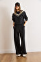 Women's Black Top V Detailed Blouse Bottom Pocketed Pants Modal Buttoned Suit Tkm-19000458 - 2