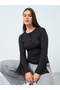 Black Textured Knit Henley Neck Fitted T-Shirt