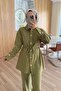 Corded Fabric Hijab Suit with Gold Button Detail - Oil Green - 5