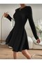 Women's Black Corded Fabric Knitted Long Sleeve Dress - 4