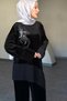 Women's Black Embroidery Detailed Tunic Elastic Waist Pants Velvet Tunic Pants Set - 3