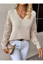    Women's Long Sleeve V Neck Sleeve Hollowed Out Diamond Pattern Detailed Knitwear Sweater - 3