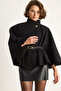 Women's Gold Button Detailed Belted Poncho - 2