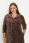 Dark Brown Floral Patterned Cotton Velvet Zippered Pocket Piped Quarter Sleeve Plus Size Dress - 3