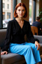 Women's Navy Blue V-Neck Balloon Sleeve Flexible Knitted Double-Breasted Detailed Smart Blouse Ideal for Daily Use - 2