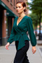 Women's Ecru Double-Breasted Tie Detail V-Neck Balloon Sleeve Woven Blouse for Winter Business Use
