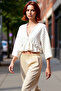 Linen Blend Woven Blouse V Neck Short Sleeve Casual Summer Professional Look Use