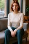 Women's Pink Viscose Ribbed Textured Fitted Crew Neck Long Sleeve Crop Blouse Suitable for Daily Use - 2