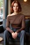 Women's Burgundy Draped Boat Neck Asymmetrical Stretchy Long Sleeve Knitted Blouse Ideal for Everyday Outfits - 2