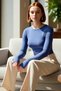 Women's Pink Viscose Ribbed Textured Fitted Crew Neck Long Sleeve Crop Blouse Suitable for Daily Use - 2