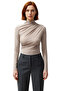 Women's Brown Gathered Mock Neck Crop Cut Long Sleeve Smart Basic Knitted Blouse for Winter Use - 3