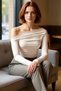 Women's Burgundy Asymmetrical Neckline Ruched Detail Fitted Long Sleeve Stretchy Knitted Blouse for Daily Use - 2