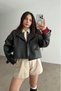 Women's Leather Jacket Short Sleeves Buckle Detail Pocketed New Season Outerwear