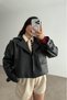 Women's Leather Jacket Short Sleeves Buckle Detail Pocketed New Season Outerwear - 4