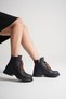 Women's Genuine Leather Zippered Lace-Up Casual Boots - Navy Blue - 3