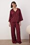 Bordo Kurdele/Fiyonklu ve Çiçekli Viskon Dokuma Pijama Takımı THMAW26PT00065 - 2