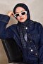 وشاح حريري من نسيج التويل بنمط قرص العسل باللون الأزرق الداكن - 2