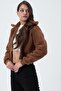 Women's Plush Short Comfort Long Sleeve Crop Fleece Brown Coat - 2