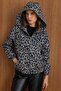 Hooded Buy Elasticated Oversized Leopard Patterned Short Coat Gray 3162-L
