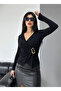 Black Double-Breasted Long Sleeve Sandy Blouse with Buckle - 2