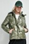 Hooded Puffy Khaki Women's Coat - 2