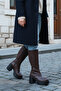 Thick High-Heeled Zippered Below-The-Knee Plain Classic Women's Bitter Brown Boots - 5