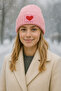 Pink Wool Beret Pink Red Heart Punch Detailed Valentine's Day Gift