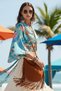 Green Japanese Crane Bird Patterned Tie-Up Silky Bohemian Kimono Wide Sleeve Blouse Crop Green - 3