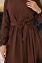Women's Stylish Self Textured Belted Brown Long Dress - 2