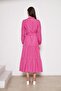 Women's Stylish Pink Long Dress with Folded Pleated Detail - 5