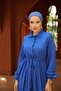 Women's Long Sleeve Gathered Hijab Blue Long Dress - 4