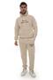 Men's Beige Hooded Kangaroo Pocket Fleece-Lined Thread Winter Casual Tracksuit Set with Fleece Lining