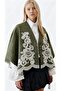 Women's Embroidered Crop Bohemian Oversized Jacket Khaki Green, Standard Size - 2