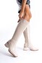 Women's Below Knee Patent Leather Cream Heeled Shiny Detailed Zippered Long Boots