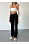 Women's Black High Waist Ribbed Flared Leg Palazzo Trousers - 4