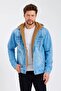 Fur Lined Hooded Denim Coat Anthracite Ice Blue - 3