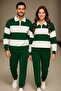 Unisex Green and White Polo Collar Half Zipper Top and Bottom Tracksuit Set