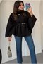 Poncho Orjınal Kaşe Pelerin Gold Silver Button and Belt Gift with Silver Ribbon Black - 3
