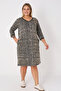 Khaki Patterned Three Quarter Sleeve Pocketed Jacquard V-Neck Women's Plus Size Dress - 3