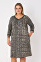 Khaki Patterned Three Quarter Sleeve Pocketed Jacquard V-Neck Women's Plus Size Dress