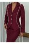 Women's Imported Tweed Fabric Pearl Embroidered Lined Jacket Skirt Top and Bottom Set - 4