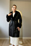 Modiva Leather Coat Suitable for Hijab with Fur on the Sleeves and Collar, Buttoned and Lace-Up - 6