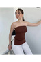 Women's Brown Strapless Side Slit and Gathered Body Wrap Summer Tunic Blouse - 2