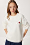 Heart Embroidered Fleece-Lined Knitted Sweatshirt Lan0082 Ekru