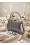 Platinum Wrinkled Patent Leather Pearl Detailed Stone Handle Evening Bag Night Wedding Portfolio - 2