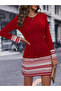 Women's Long Sleeve Crew Neck Printed Two Thread Dress at Cuff and Hem - 3